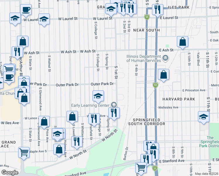map of restaurants, bars, coffee shops, grocery stores, and more near in Springfield