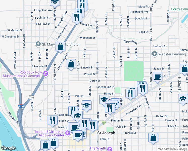 map of restaurants, bars, coffee shops, grocery stores, and more near 918 Powell Street in Saint Joseph