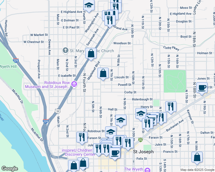 map of restaurants, bars, coffee shops, grocery stores, and more near 1203 North 6th Street in Saint Joseph