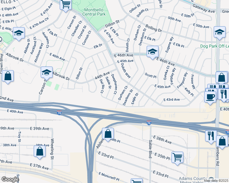 map of restaurants, bars, coffee shops, grocery stores, and more near 4344 Sable Street in Denver