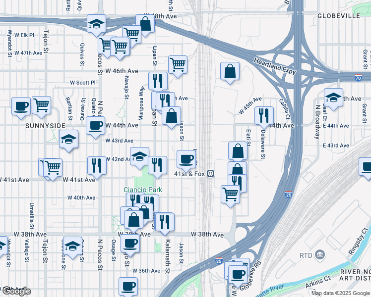map of restaurants, bars, coffee shops, grocery stores, and more near 4295 Inca Street in Denver