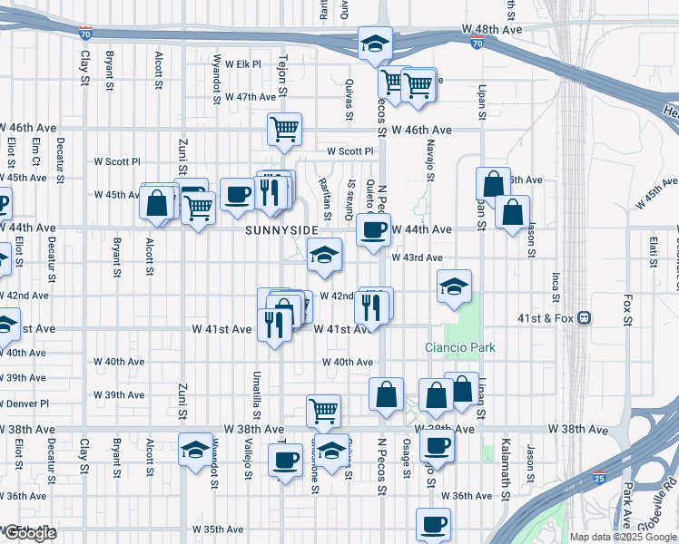 map of restaurants, bars, coffee shops, grocery stores, and more near 4305 Raritan Street in Denver