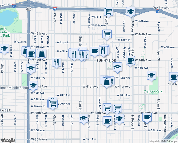 map of restaurants, bars, coffee shops, grocery stores, and more near 4301 Wyandot Street in Denver