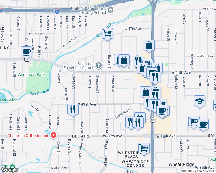 map of restaurants, bars, coffee shops, grocery stores, and more near 4275 Balsam Street in Wheat Ridge