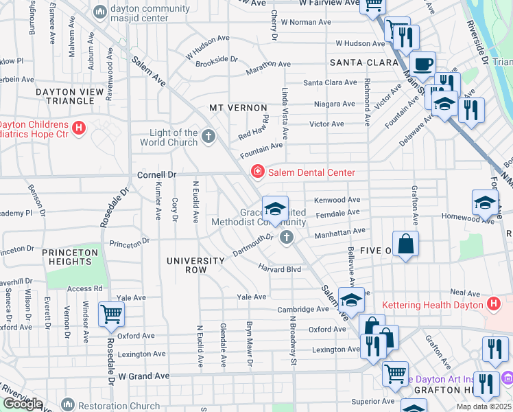 map of restaurants, bars, coffee shops, grocery stores, and more near in Dayton