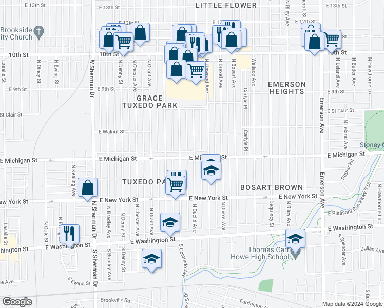 map of restaurants, bars, coffee shops, grocery stores, and more near 520 North Euclid Avenue in Indianapolis
