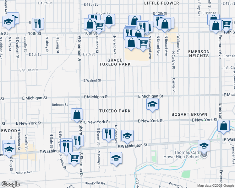 map of restaurants, bars, coffee shops, grocery stores, and more near 521 North Grant Avenue in Indianapolis
