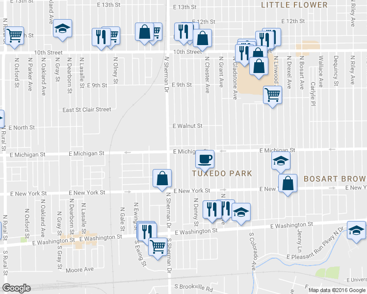map of restaurants, bars, coffee shops, grocery stores, and more near 528 North Bradley Avenue in Indianapolis