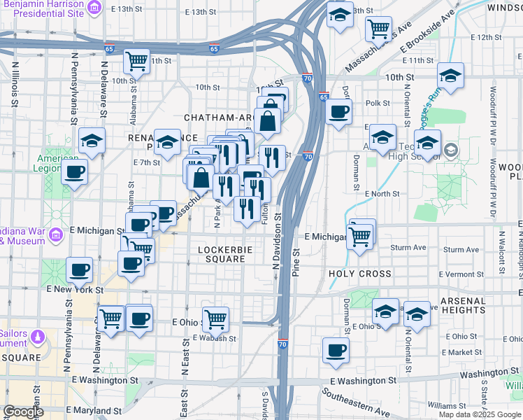 map of restaurants, bars, coffee shops, grocery stores, and more near 617 North College Avenue in Indianapolis