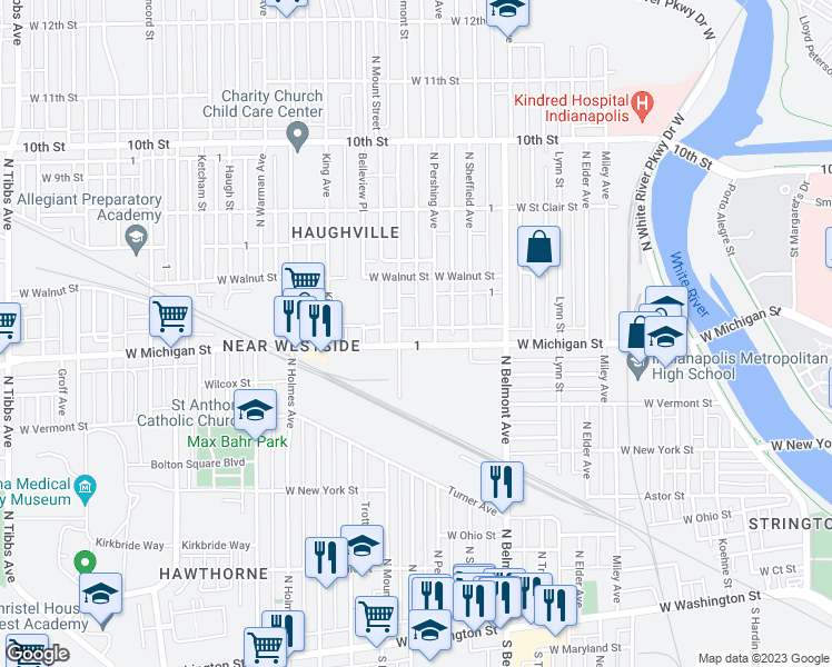 map of restaurants, bars, coffee shops, grocery stores, and more near 519 North Tremont Street in Indianapolis