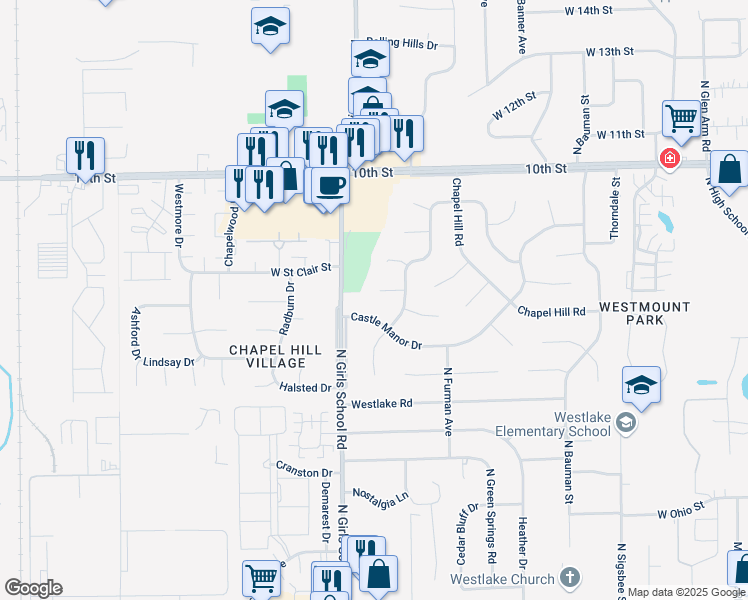 map of restaurants, bars, coffee shops, grocery stores, and more near 7206 Halden Place in Indianapolis