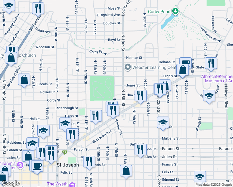 map of restaurants, bars, coffee shops, grocery stores, and more near 1704 Jones Street in Saint Joseph