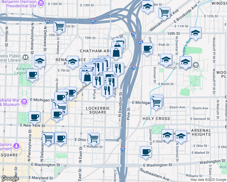 map of restaurants, bars, coffee shops, grocery stores, and more near 617 North College Avenue in Indianapolis