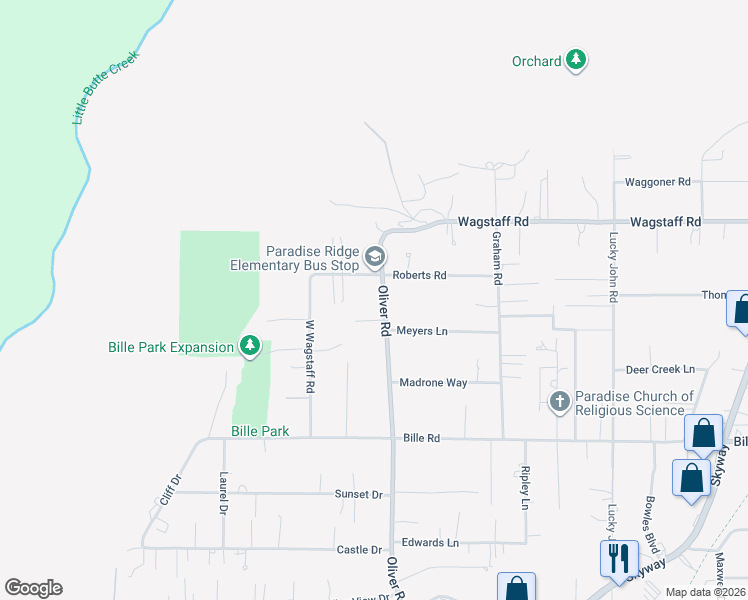 map of restaurants, bars, coffee shops, grocery stores, and more near 588 Roberts Road in Paradise