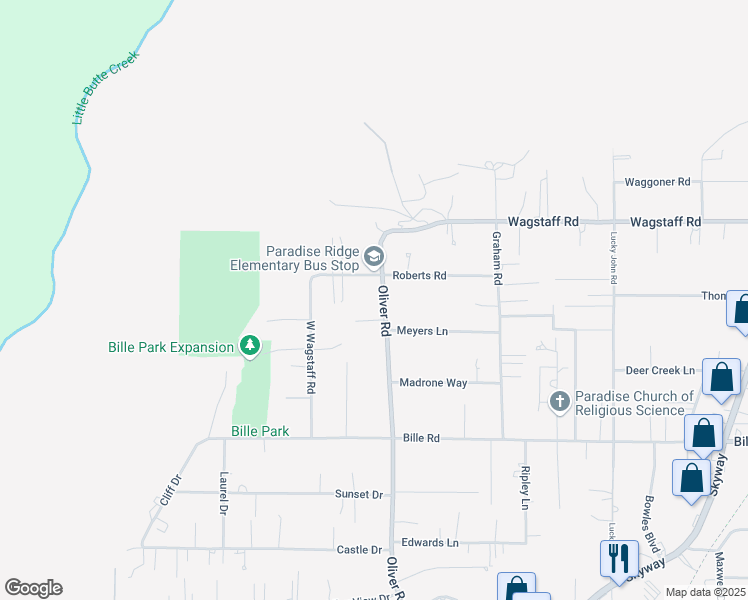 map of restaurants, bars, coffee shops, grocery stores, and more near 6337 Oliver Road in Paradise