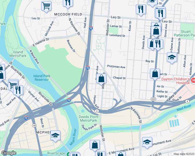 map of restaurants, bars, coffee shops, grocery stores, and more near 440 Hunter Avenue in Dayton