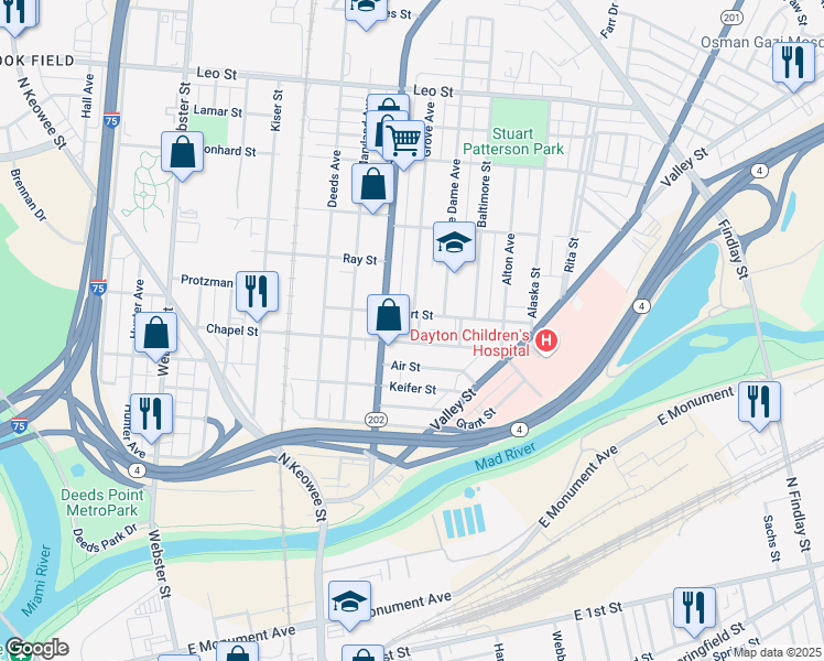 map of restaurants, bars, coffee shops, grocery stores, and more near 11 Grove Avenue in Dayton