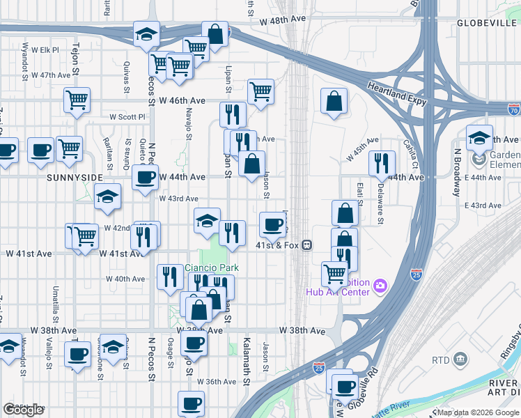 map of restaurants, bars, coffee shops, grocery stores, and more near 1055 West 43rd Avenue in Denver