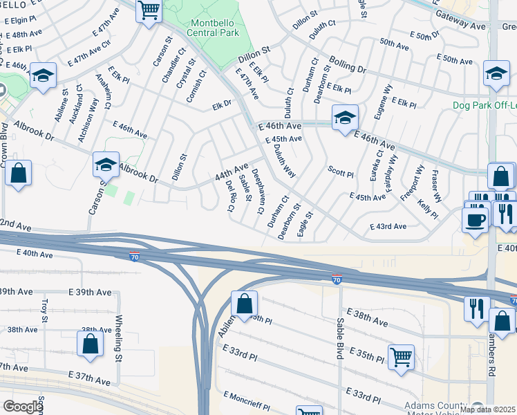 map of restaurants, bars, coffee shops, grocery stores, and more near 4344 Sable Street in Denver