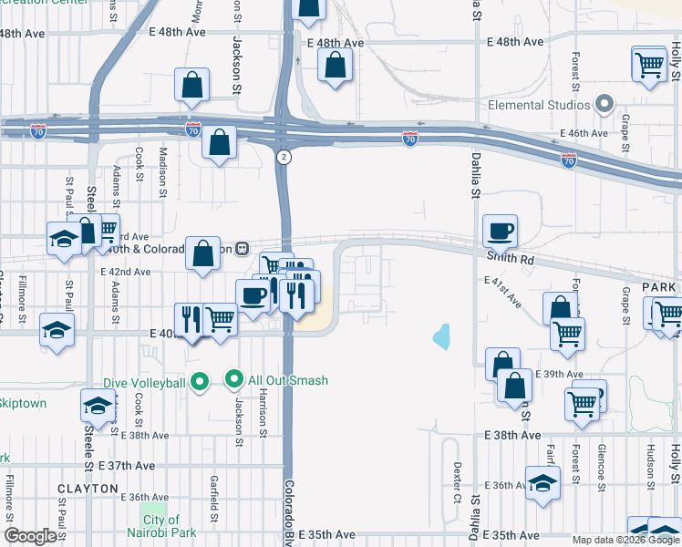map of restaurants, bars, coffee shops, grocery stores, and more near in Denver