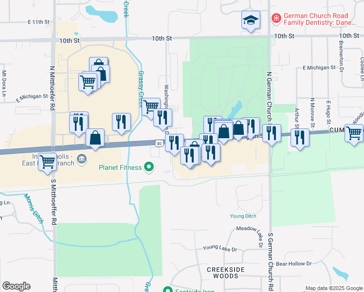 map of restaurants, bars, coffee shops, grocery stores, and more near 10531 East Washington Street in Indianapolis