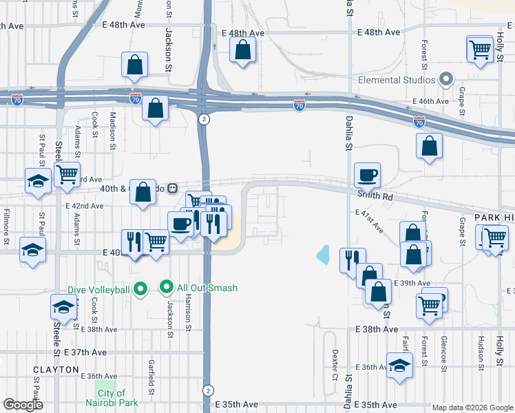 map of restaurants, bars, coffee shops, grocery stores, and more near Park Hill Square in Denver