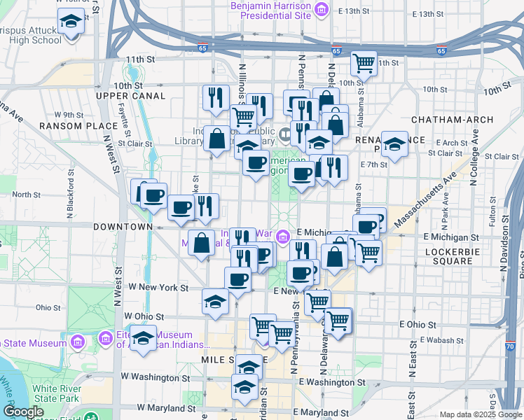 map of restaurants, bars, coffee shops, grocery stores, and more near 500 North Meridian Street in Indianapolis