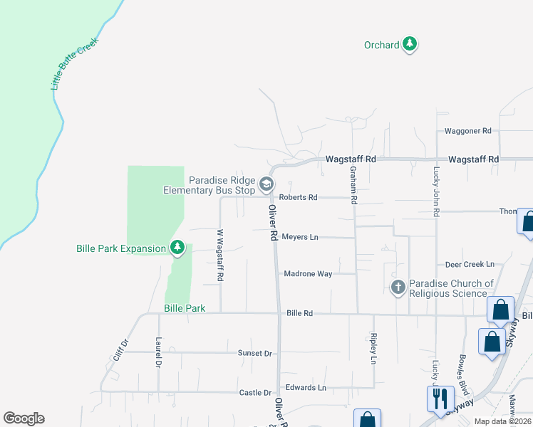 map of restaurants, bars, coffee shops, grocery stores, and more near 6337 Oliver Road in Paradise