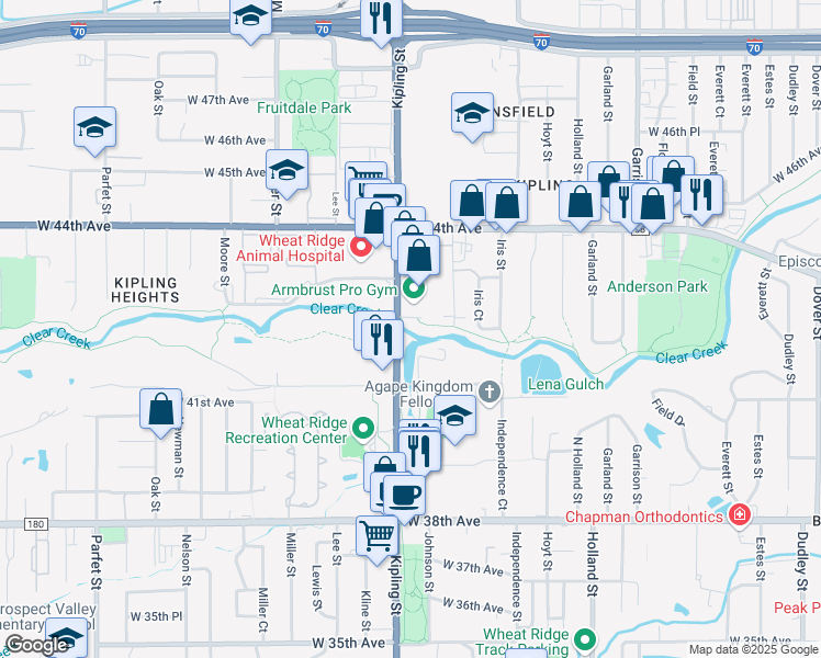 map of restaurants, bars, coffee shops, grocery stores, and more near 4220 Kipling Street in Wheat Ridge