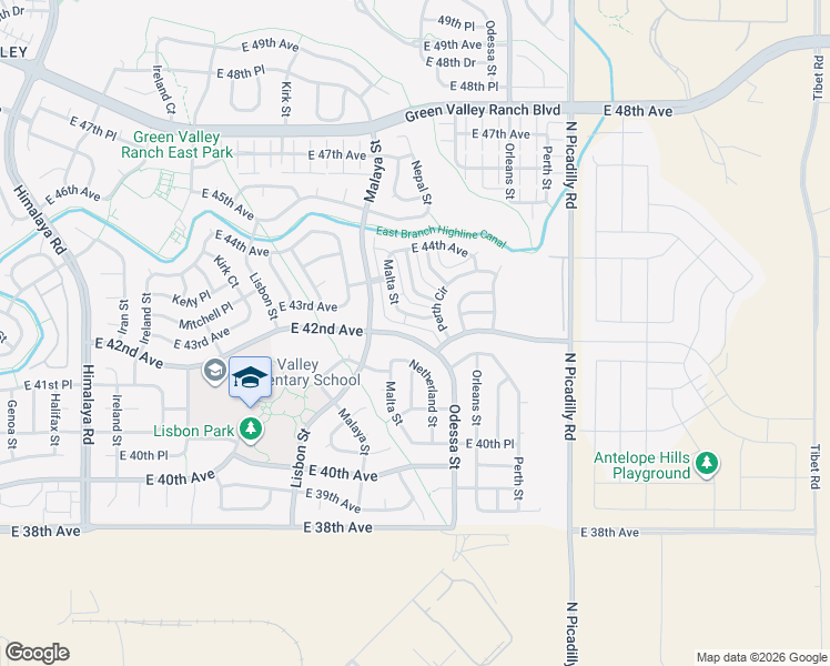 map of restaurants, bars, coffee shops, grocery stores, and more near 21142 East 43rd Avenue in Denver