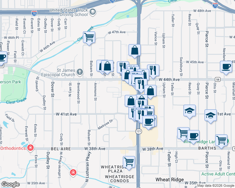 map of restaurants, bars, coffee shops, grocery stores, and more near 4265 Yarrow Street in Wheat Ridge