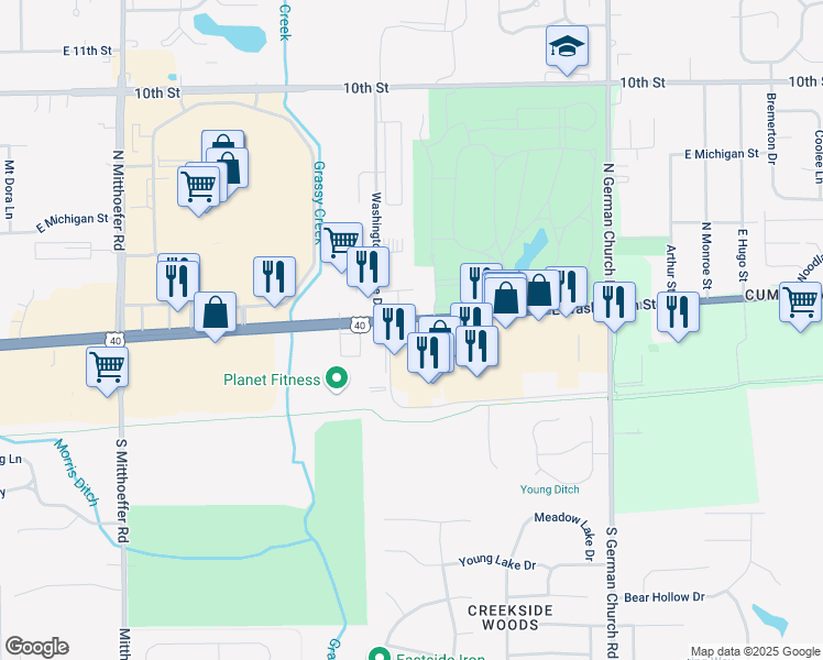 map of restaurants, bars, coffee shops, grocery stores, and more near 10600 East Washington Street in Indianapolis