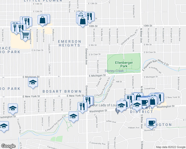 map of restaurants, bars, coffee shops, grocery stores, and more near 5127 East North Street in Indianapolis