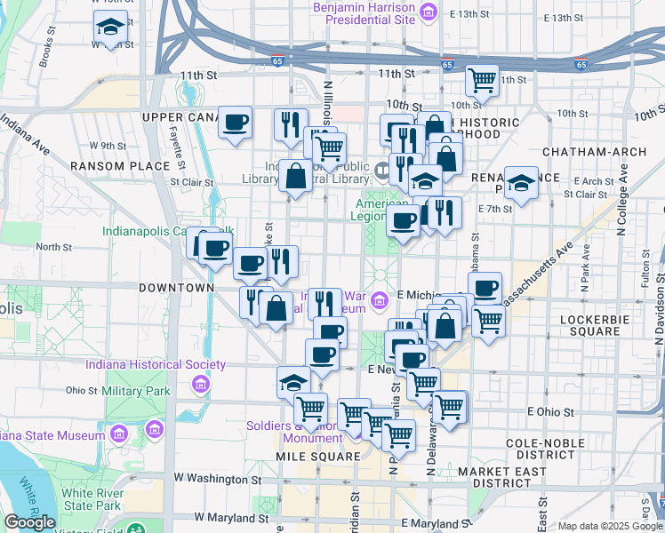 map of restaurants, bars, coffee shops, grocery stores, and more near 500 North Meridian Street in Indianapolis