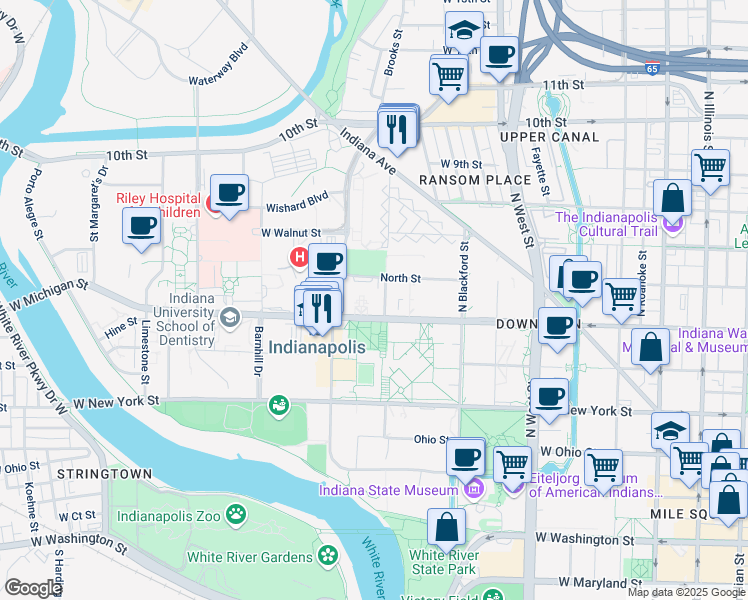 map of restaurants, bars, coffee shops, grocery stores, and more near in Indianapolis