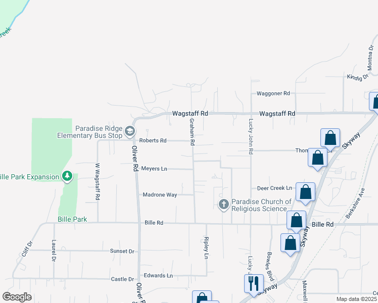 map of restaurants, bars, coffee shops, grocery stores, and more near 6333 Graham Road in Paradise