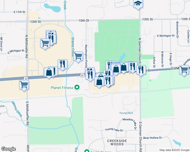 map of restaurants, bars, coffee shops, grocery stores, and more near 10531 East Washington Street in Indianapolis