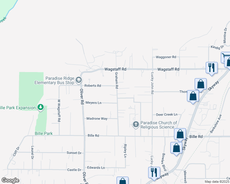 map of restaurants, bars, coffee shops, grocery stores, and more near 6333 Graham Road in Paradise