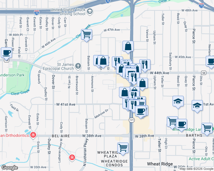 map of restaurants, bars, coffee shops, grocery stores, and more near 7880 West 43rd Circle in Wheat Ridge