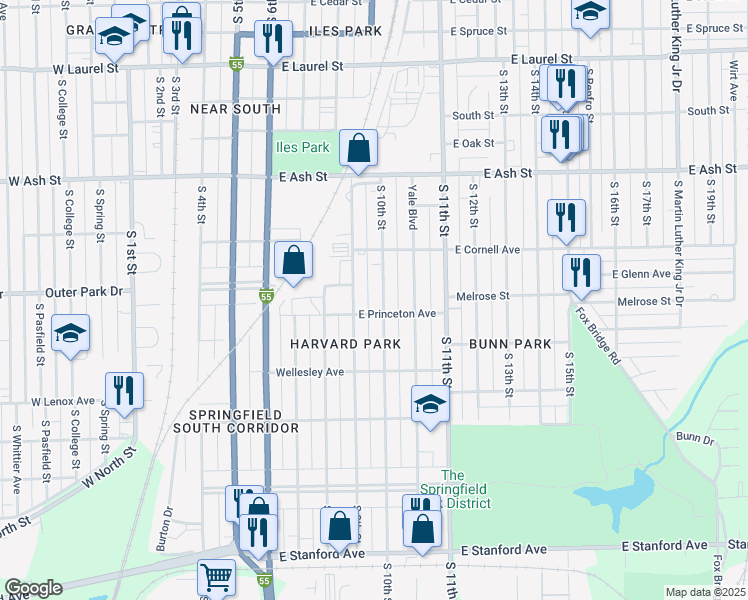 map of restaurants, bars, coffee shops, grocery stores, and more near 2244 South 9th Street in Springfield
