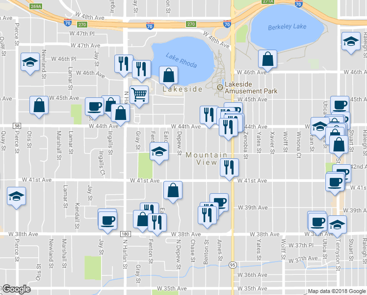map of restaurants, bars, coffee shops, grocery stores, and more near 4341 Chase Street in Denver