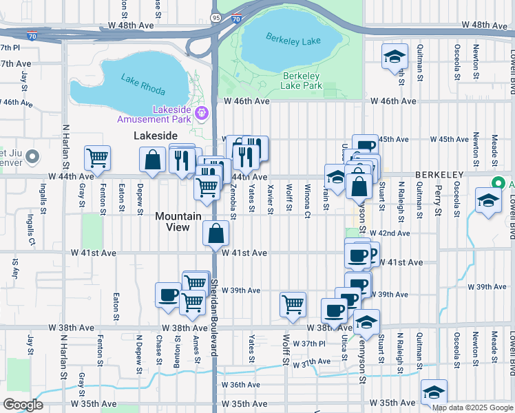 map of restaurants, bars, coffee shops, grocery stores, and more near 4327 Yates Street in Denver