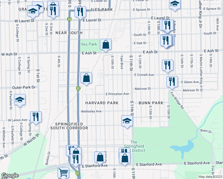 map of restaurants, bars, coffee shops, grocery stores, and more near 2257 South 10th Street in Springfield