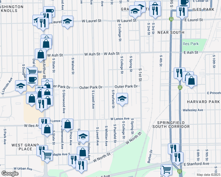 map of restaurants, bars, coffee shops, grocery stores, and more near 353-399 Outer Park Drive in Springfield
