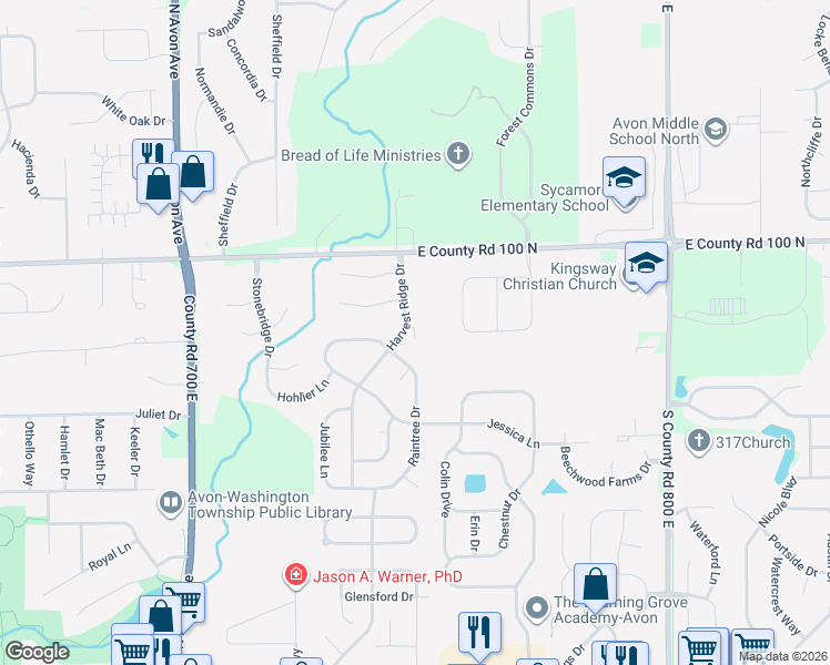 map of restaurants, bars, coffee shops, grocery stores, and more near 863 Harvest Ridge Circle in Avon