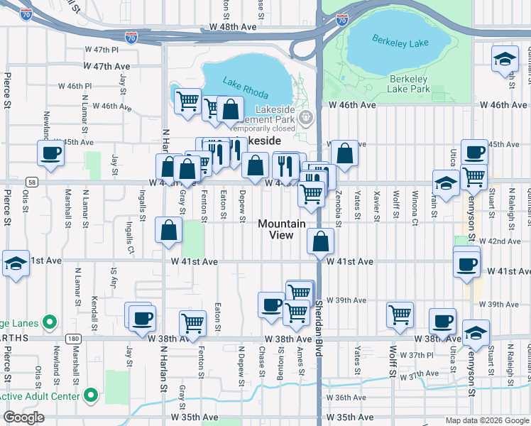 map of restaurants, bars, coffee shops, grocery stores, and more near 4341 Chase Street in Denver