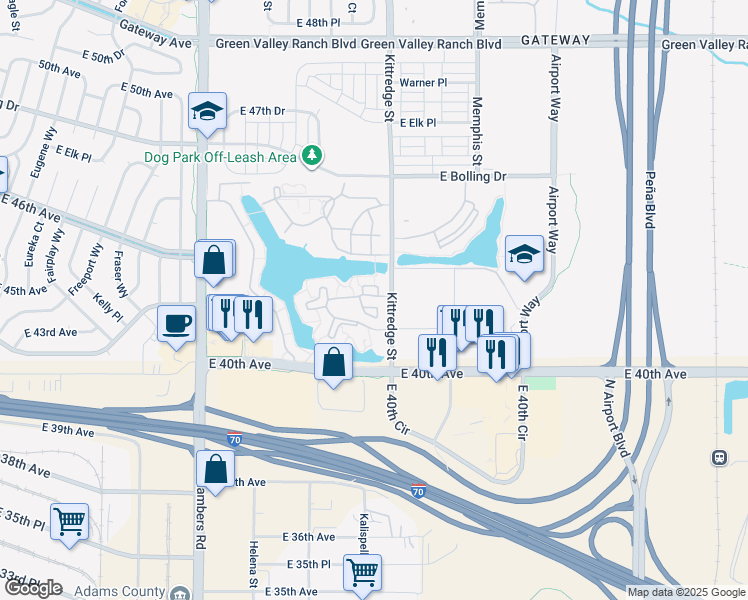 map of restaurants, bars, coffee shops, grocery stores, and more near 20 Kittredge Street in Denver