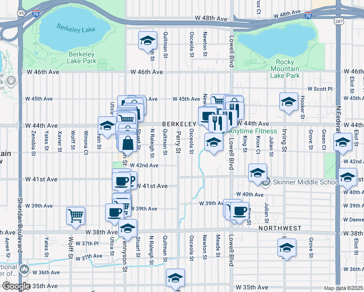 map of restaurants, bars, coffee shops, grocery stores, and more near 3990 West 43rd Avenue in Denver