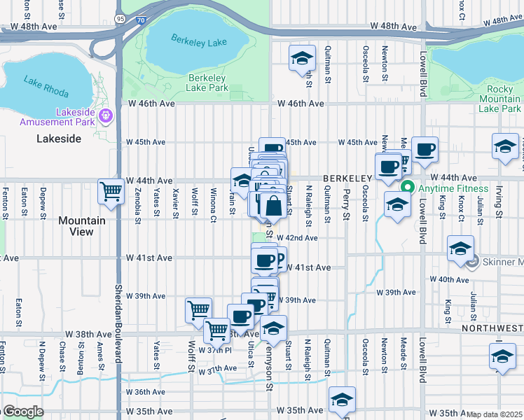map of restaurants, bars, coffee shops, grocery stores, and more near 4330 Utica Street in Denver