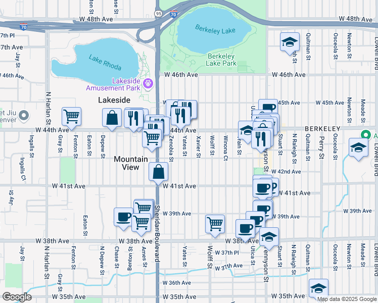 map of restaurants, bars, coffee shops, grocery stores, and more near 4327 Yates Street in Denver